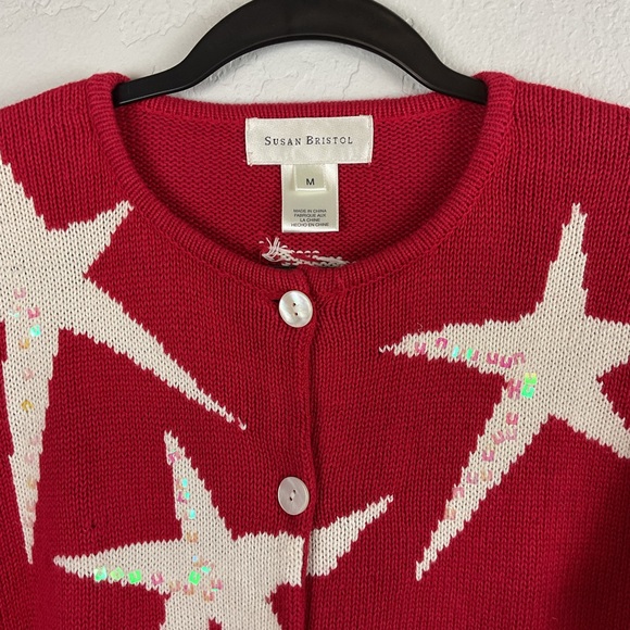 Susan Bristol Red and White Star Button Down Cardigan Sequin Sz Small - Picture 2 of 9